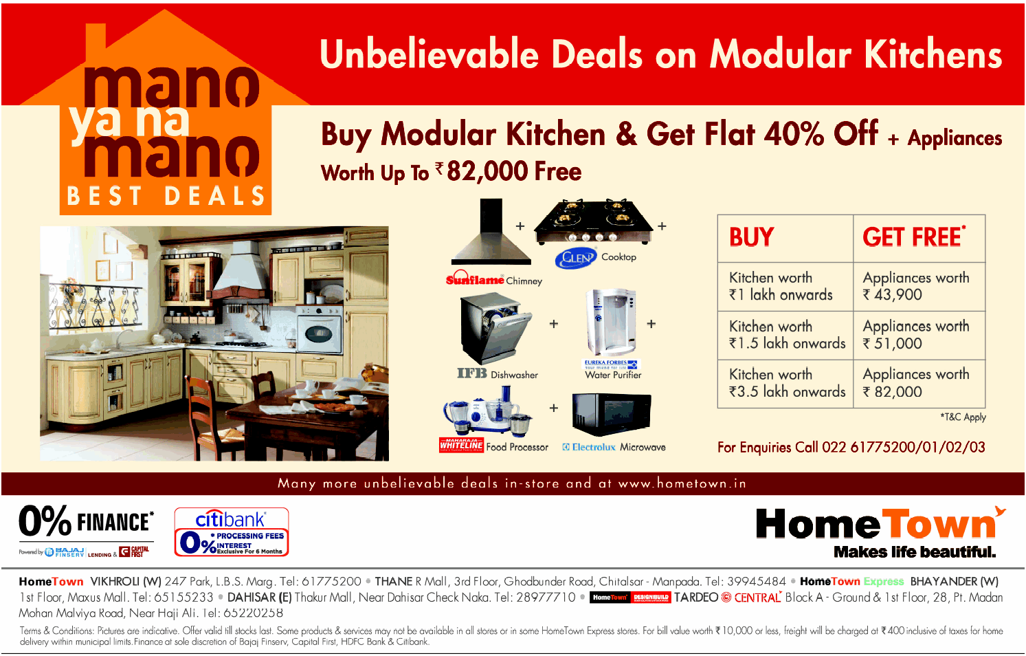 HomeTown Unbelievable Deals on Modular Kitchens / Mumbai, Bangalore